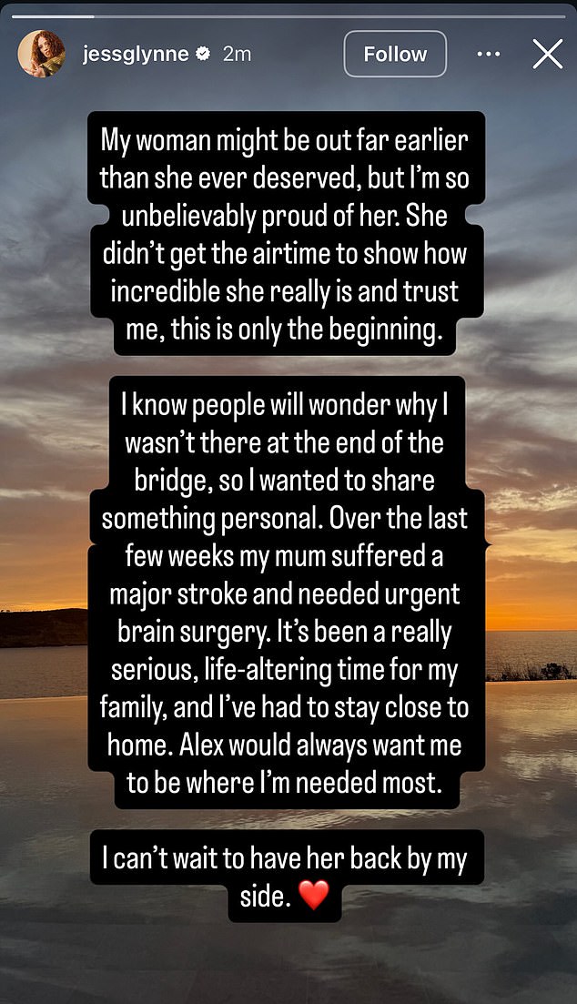 Jess shared an emotional message on Instagram revealing her beloved mother's major stroke and brain surgery which the couple kept secret while Alex was in the Jungle