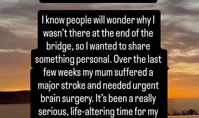 Jess Glynne has revealed she was unable to greet Alex Scott on the I'm A Celeb bridge because her mother has suffered a 'major stroke and underwent brain surgery'