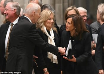 Former First Lady Jill Biden (center) was captured pursing her lips as former President Joe Biden (left) greeted former Vice President Kamala Harris, their first reunion since Harris' 2024 tell-all was released