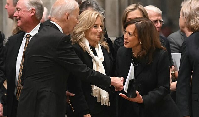Former First Lady Jill Biden (center) was captured pursing her lips as former President Joe Biden (left) greeted former Vice President Kamala Harris, their first reunion since Harris' 2024 tell-all was released