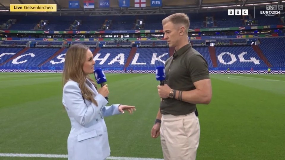 Joe Hart being interviewed on the pitch in Gelsenkirchen.