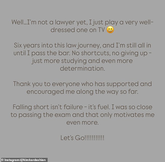 The TV personality - who took the exam back in July - jumped to her Instagram stories on Saturday to share that she did not pass, but has no intentions of giving up