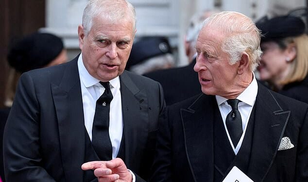 FILE PHOTO: Britain's Prince Andrew speaks with King Charles as they leave Westminster Cathedral at the end of the Requiem Mass, on the day of the funeral of Britain's Katharine, Duchess of Kent, in London, Britain, September 16, 2025
