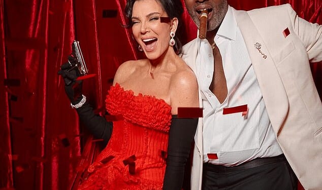 Kris Jenner, 70, looked like the ultimate Bond girl as she brandished a pistol at her 007-themed birthday party