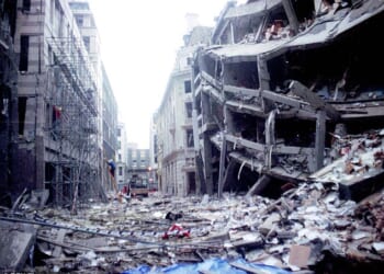 Labour has been accused of letting IRA terrorists ¿rewrite history¿ after it emerged former paramilitaries may sit on a veterans¿ board - as nine fresh cases look set to be brought against British army veterans. Pictured: the aftermath of the IRA bomb which destroyed London's Baltic Exchange in April 1992