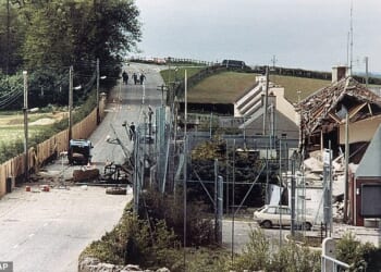 The destroyed RUC police base in Loughgall, Northern Ireland, following the attack by an eight-man IRA unit