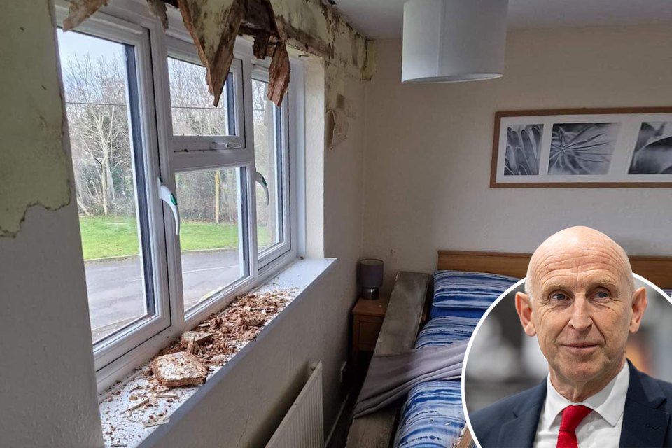 Collage of a damaged room with debris and a headshot of a bald man in a suit.