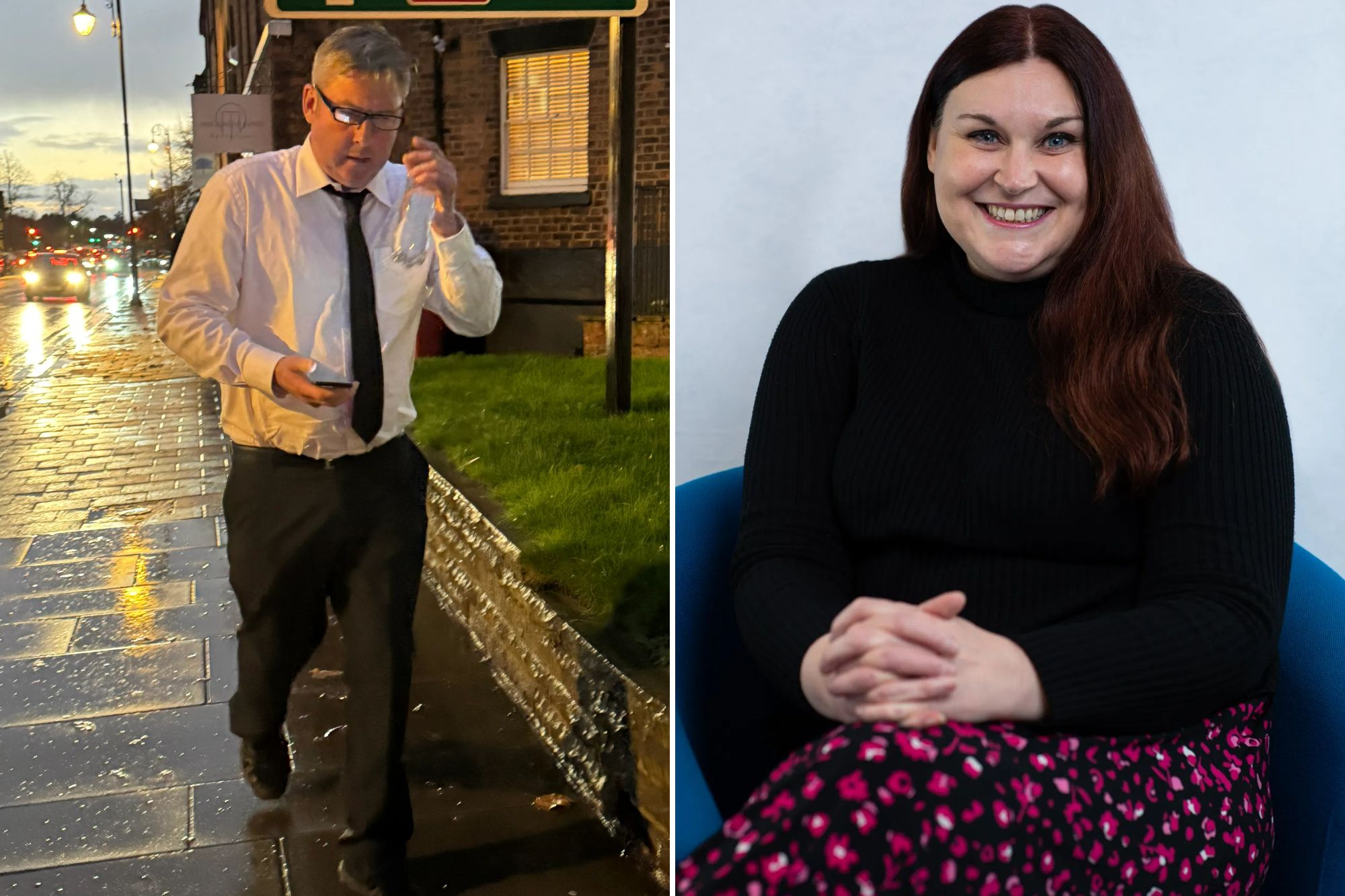 An image collage containing 2 images, Image 1 shows James Lawlan walking on a wet street at dusk, holding a phone and bottle, Image 2 shows Jennifer Riddaway, a senior lawyer, smiling while sitting in a blue chair