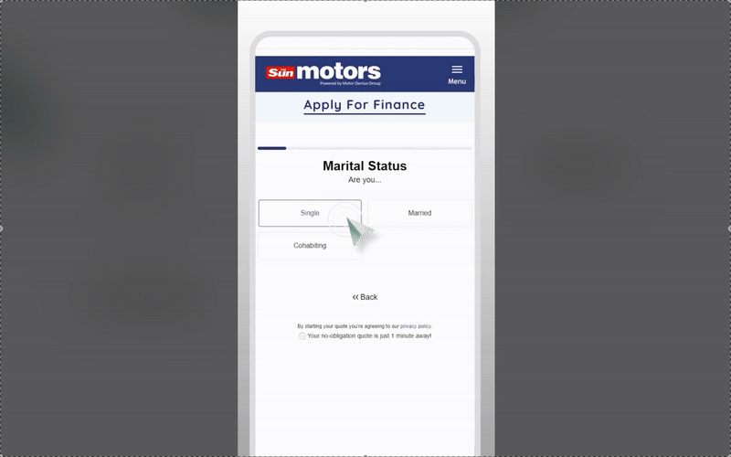 Smartphone screen showing a Sun Motors finance application form, with a cursor selecting "Single" marital status.