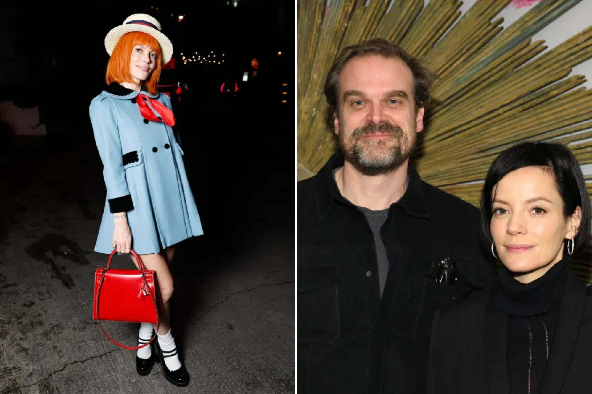 An image collage containing 2 images, Image 1 shows Lily Allen arriving at the Vas J Mrogan and Michael Braun annual Halloween party, Image 2 shows David Harbour and Lily Allen attending the "Living" film screening