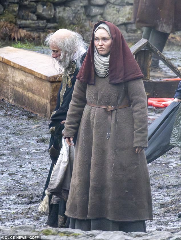 Lily-Rose Depp pictured on the set of the new medieval horror Werwulf in Surrey