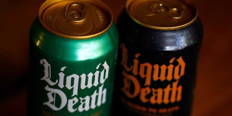 Two cans of Liquid Death flavored sparkling water displayed in San Anselmo, California, on July 18, 2025.