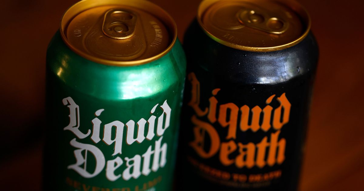 Two cans of Liquid Death flavored sparkling water displayed in San Anselmo, California, on July 18, 2025.