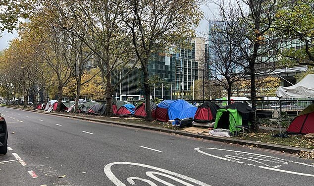 Shocking footage taken by the Daily Mail shows a ramshackle 'village' at the end of Tottenham Court Road in central London