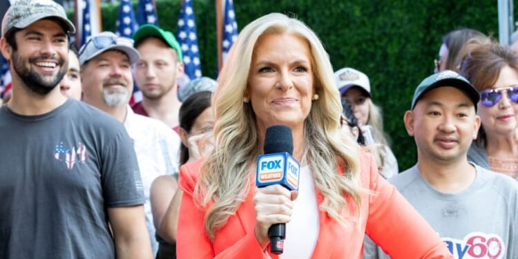 Janice Dean gives a weather forecast during the "Fox & Friends All-American Summer Concert Series" at Fox News Channel Studios on June 14, 2024, in New York City.