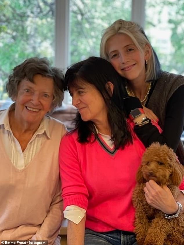 Jill's daughter, the broadcaster Emma Freud wrote: 'My beautiful 98 year old mum has taken her final bow' (Jill is pictured with Emma and her granddaughter Scarlett Curtis)