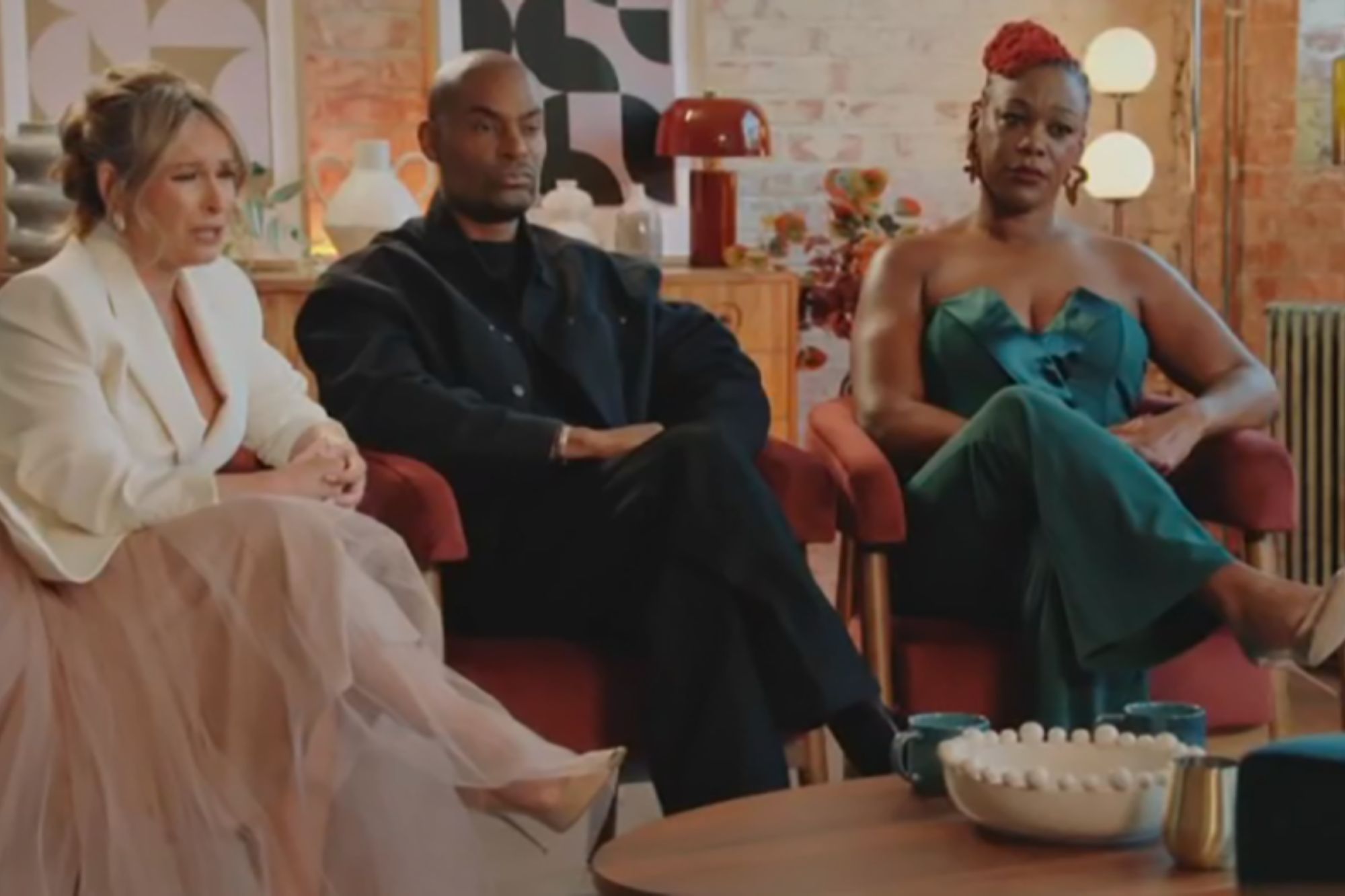 An image collage containing 1 images, Image 1 shows The Married At First Sight UK Season 10 experts Mel Schilling, Paul Carrick Brunson, and Charlene Douglas, sitting in armchairs