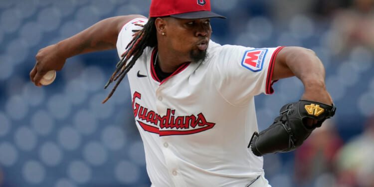 Cleveland Guardians' Luis Ortiz pitches in the first inning of a baseball game against the Minnesota Twins, in Cleveland on April 30, 2025.