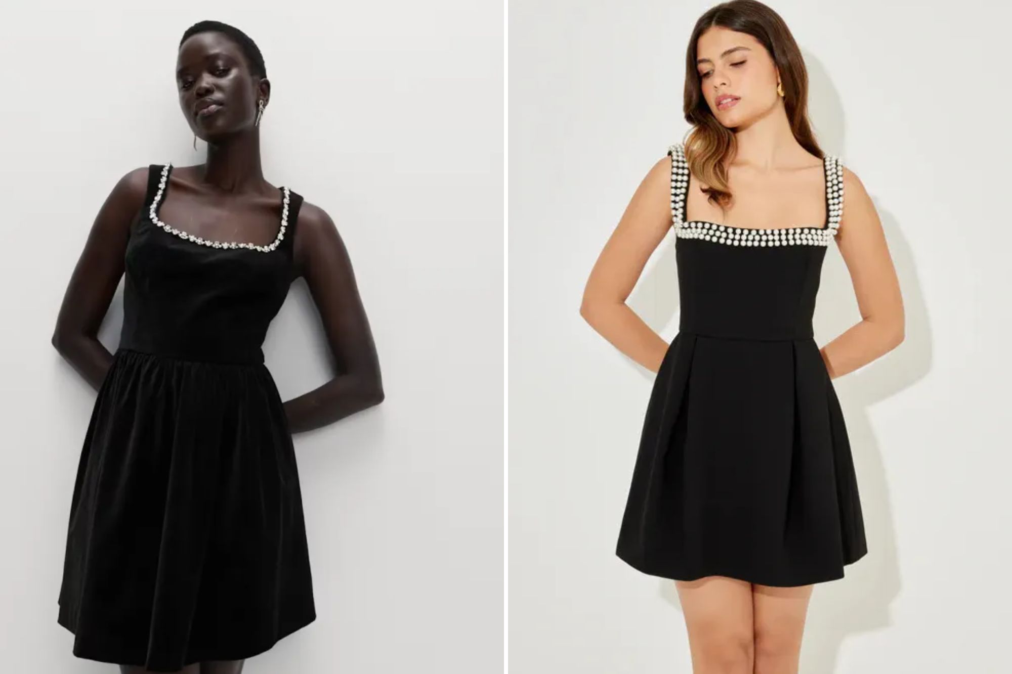 An image collage containing 2 images, Image 1 shows A woman wearing a black cotton-rich velvet embellished mini skater dress, Image 2 shows Model wearing a black mini skater dress with pearl trim straps and neckline
