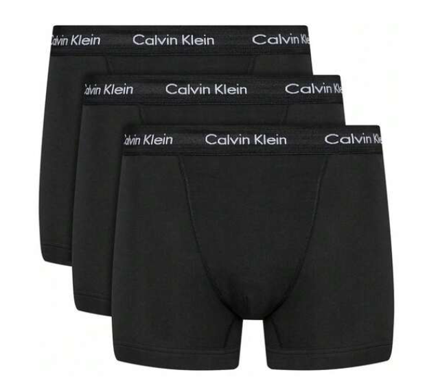 Three pairs of black Calvin Klein boxer briefs.