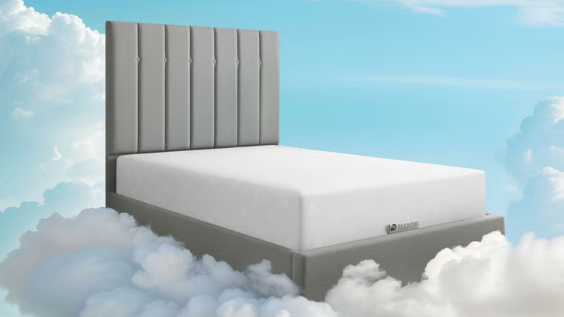 Illustration of a bed with a gray headboard and mattress floating on clouds.