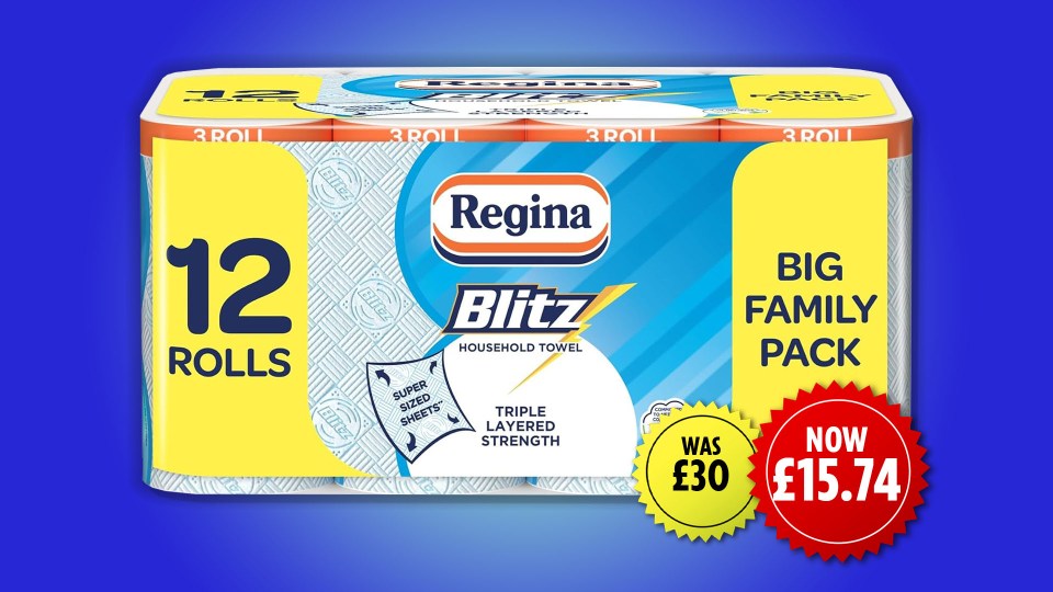 Regina Blitz Household Towel 12-roll Big Family Pack, discounted from £30 to £15.74.