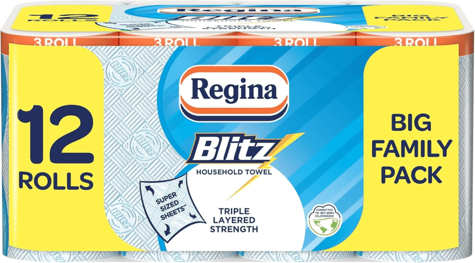 A 12-roll pack of Regina Blitz household paper towels.