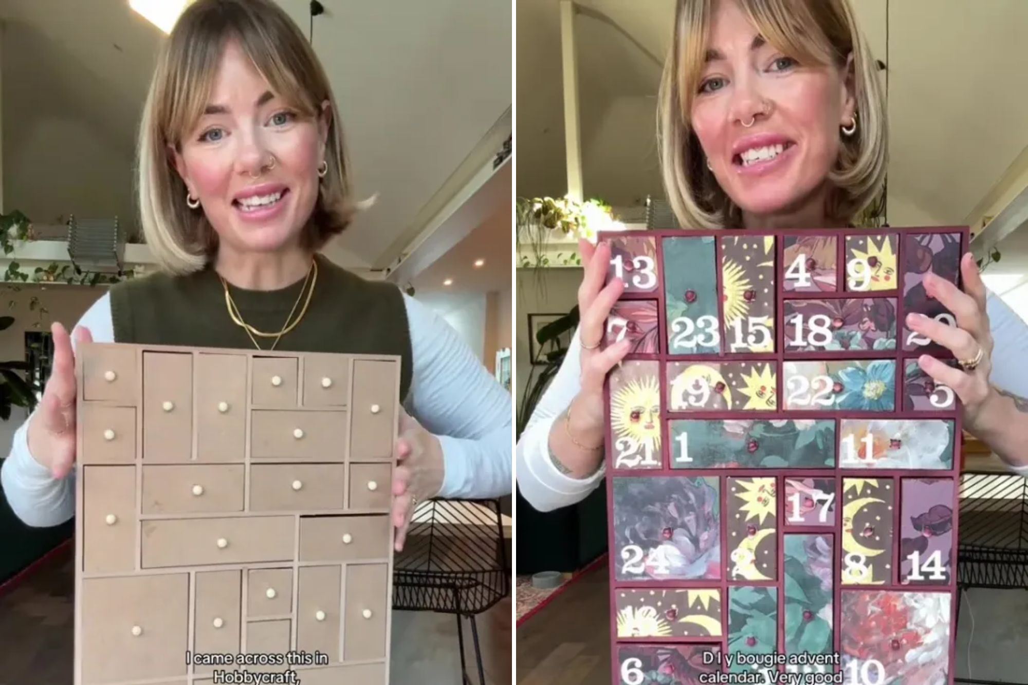 An image collage containing 2 images, Image 1 shows A woman holding a wooden Advent calendar with multiple small drawers, Image 2 shows A woman holding a DIY advent calendar made from painted wooden drawers with numbers and decorative papers