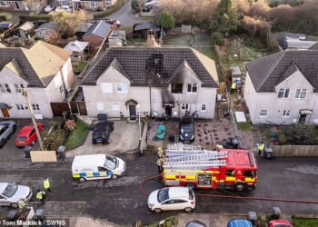 An aerial view of the scene of the house fire on Holywell Avenue in Ashby-de-la Zouch on Friday