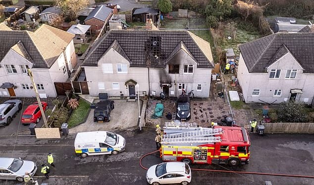 An aerial view of the scene of the house fire on Holywell Avenue in Ashby-de-la Zouch on Friday