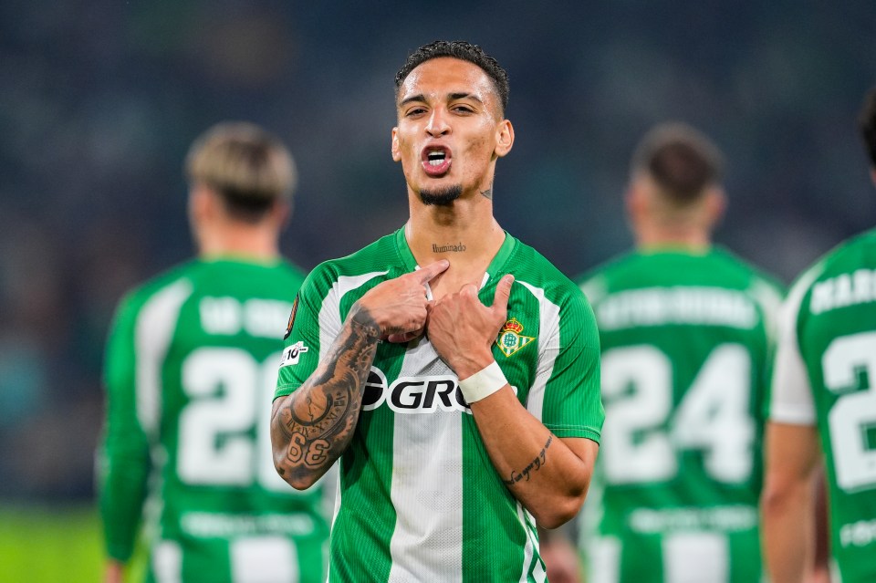 Antony Dos Santos of Real Betis celebrating a goal.