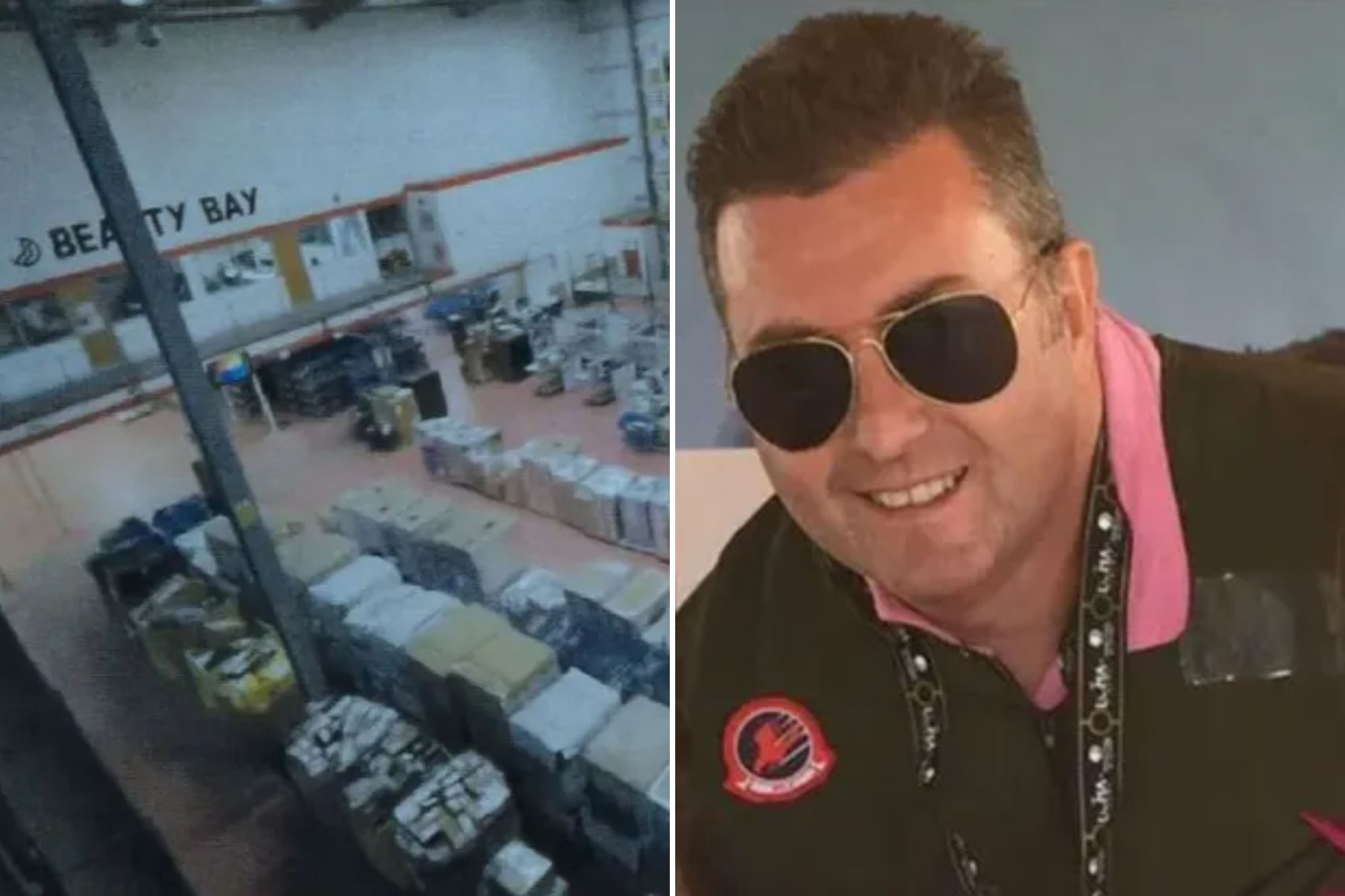 An image collage containing 2 images, Image 1 shows A high-angle photograph of the Beauty Bay warehouse interior with packages on the floor and shelves, Image 2 shows Former COO of online beauty retailer Beauty Bay Ltd Glyn Caddick smiling and wearing sunglasses