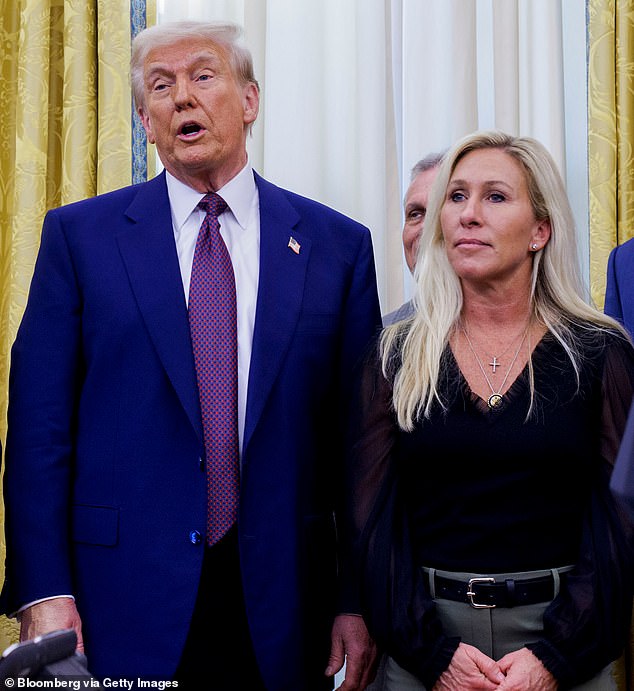 Their bust-up appeared complete on Friday after Trump withdrew his endorsement of Greene, citing her recent criticism of his agenda. The pair are pictured in February