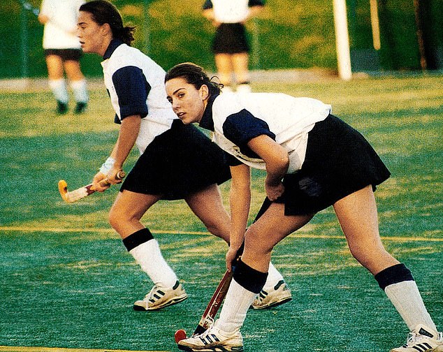 The Duchess of Wales playing hockey with her sister Pippa Middleton (left) at the school