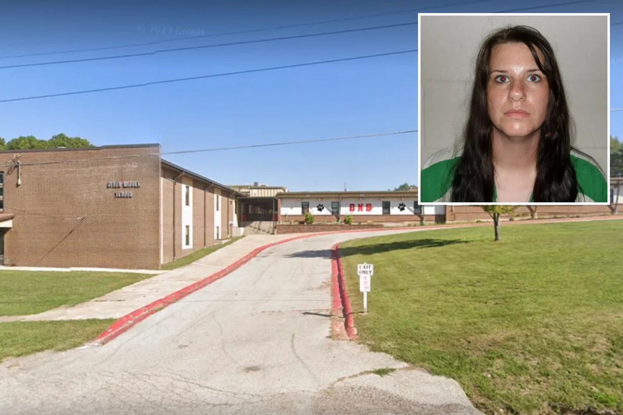 An image collage containing 2 images, Image 1 shows Dayton Middle School building and driveway, Image 2 shows Mugshot of a woman with red eyes and long dark hair, wearing a green and white striped shirt