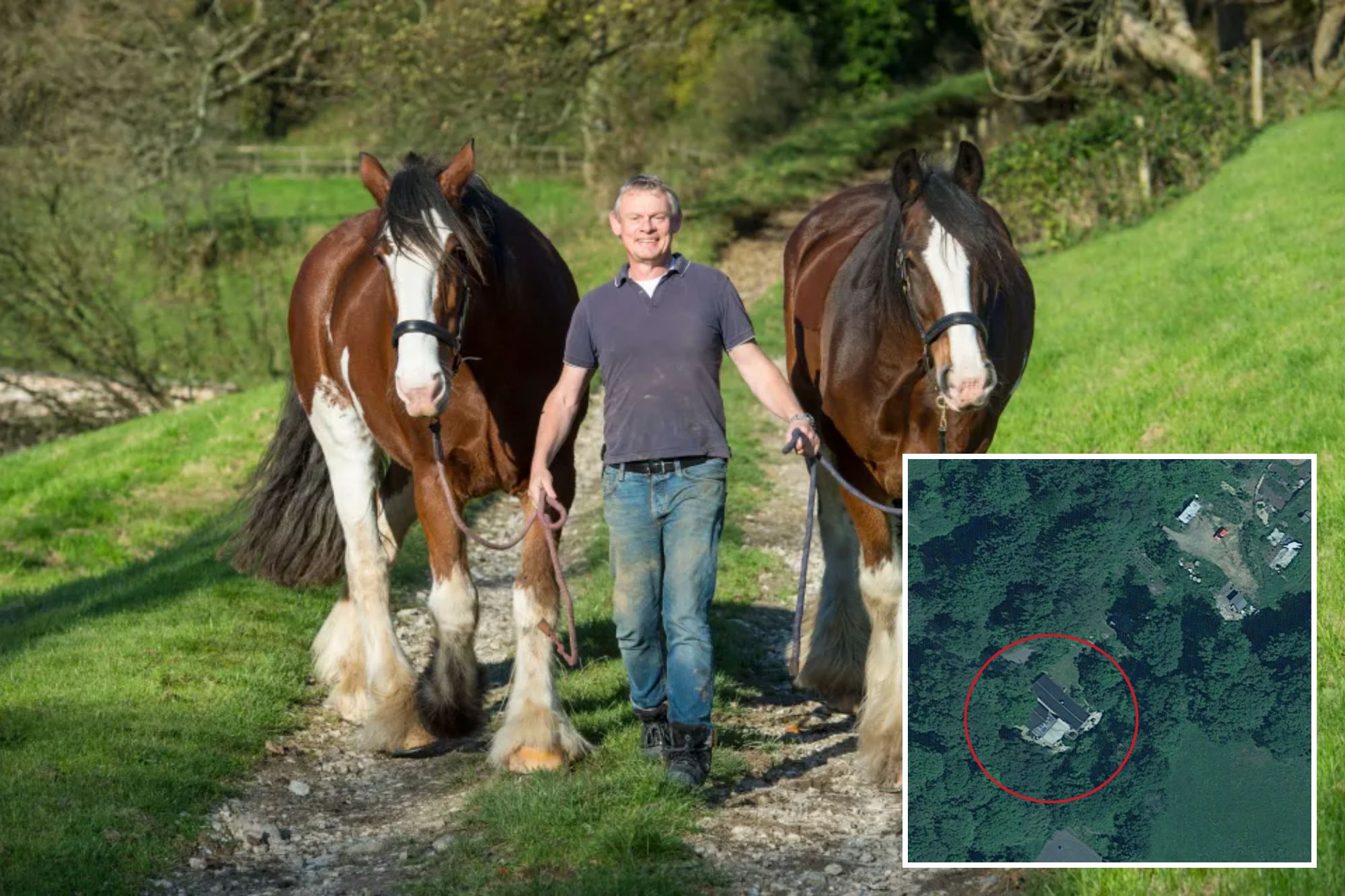 An image collage containing 2 images, Image 1 shows Actor Martin Clunes at his farm with two horses, Image 2 shows NINTCHDBPICT001036276998