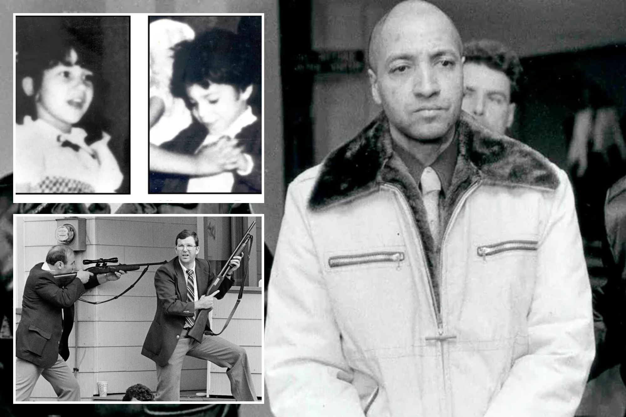 An image collage containing 3 images, Image 1 shows Convicted killer George Banks led through a courthouse while handcuffed between two officers, Image 2 shows Collage of three black and white portraits of children. From left to right: Montanzima Banks, Kissmayu Banks, and Nancy Lyons, Image 3 shows Police officers stake out a house during the George Banks mass shooting in Wilkes-Barre, Pennsylvania