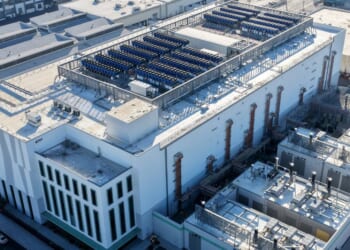 An aerial view of a 33 megawatt data center with closed-loop cooling system on Oct. 20, 2025, in Vernon, California.