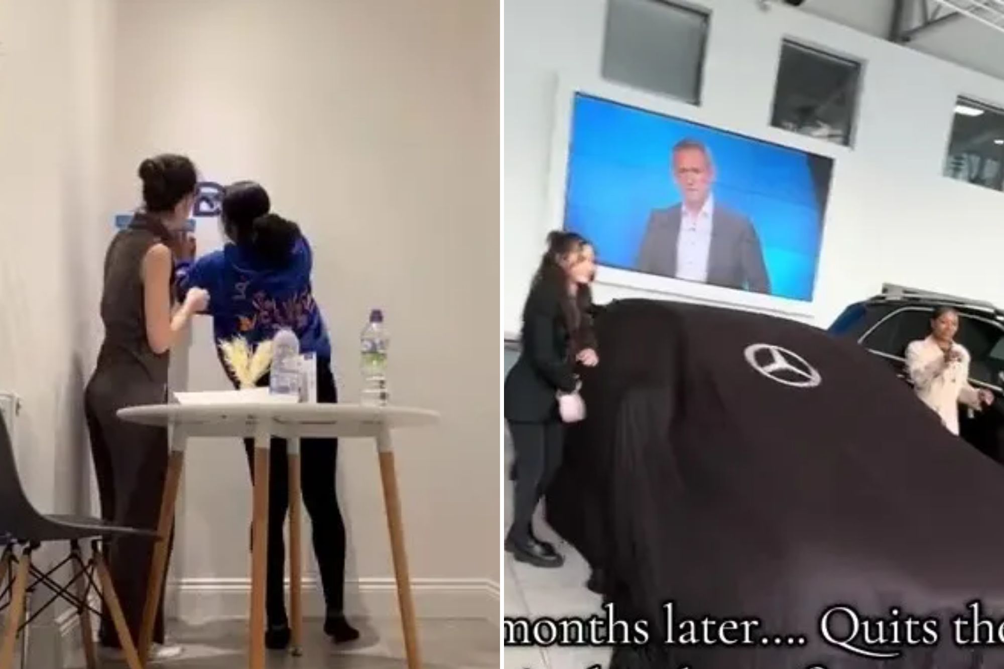 An image collage containing 2 images, Image 1 shows Two young women working together to assemble something in a sparsely furnished room with the overlaid text "2024: Just two girls who decided to start an Airbnb business together with the hope to quit their jobs.", Image 2 shows Two women in a car showroom, one next to a covered Mercedes car and another by an uncovered black SUV, with a man on a screen in the background