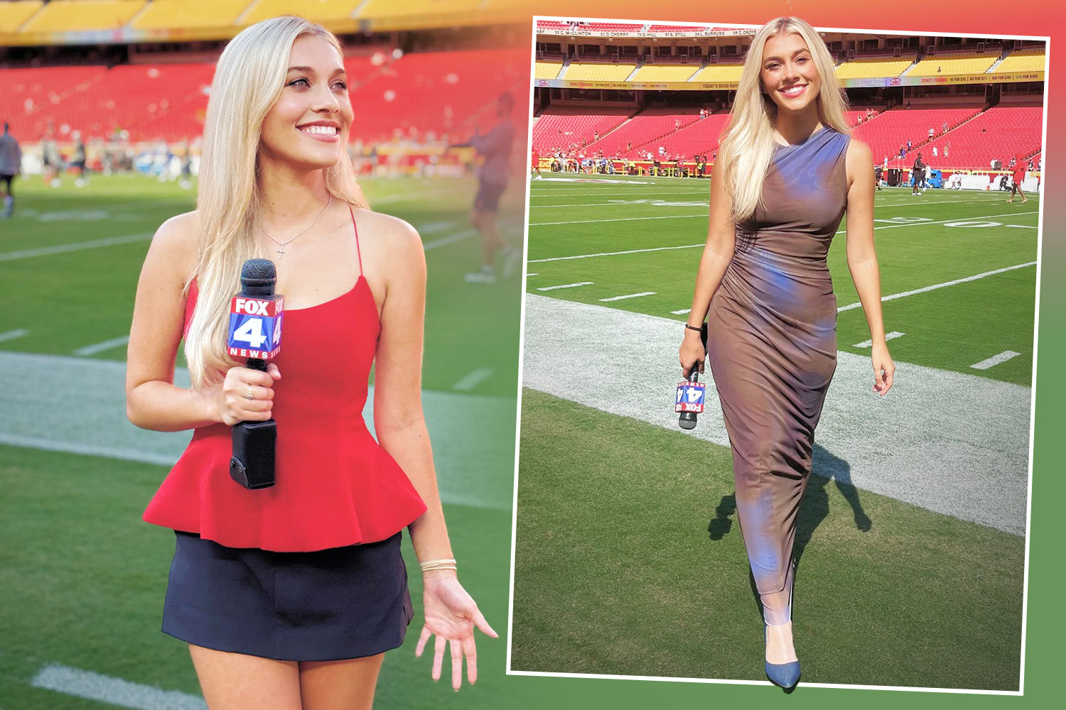 Collage of Taylor Burr reporting from a football field in two different outfits, holding a "Fox 4 News" microphone.