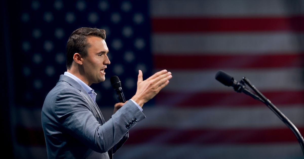 Charlie Kirk, who founded Turning Point USA, speaks before former President Donald Trump's arrival during a Turning Point USA Believers Summit conference at the Palm Beach Convention Center on July 26, 2024, in West Palm Beach, Florida.