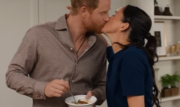 The Duchess of Sussex promotes her jam and locks lips with Prince Harry as she talks about 'embracing traditions' in a glitzy new trailer for her festive Netflix show