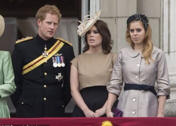 A royal expert has suggested Prince Harry (left) will likely have a 'lot of sympathy' for his cousins, Princess Eugenie (centre) and Princess Beatrice (right), in light of their disgraced father's ongoing scandal