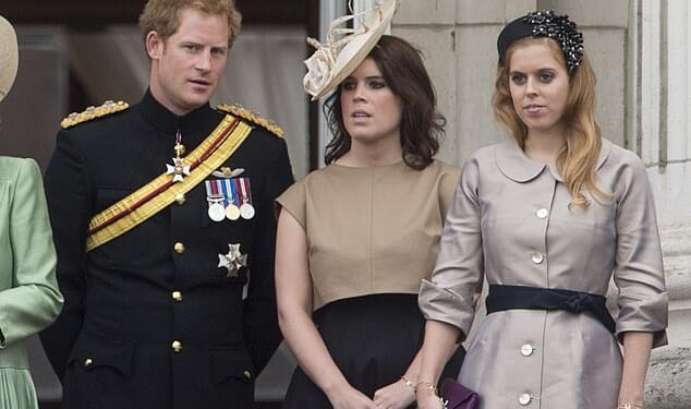 A royal expert has suggested Prince Harry (left) will likely have a 'lot of sympathy' for his cousins, Princess Eugenie (centre) and Princess Beatrice (right), in light of their disgraced father's ongoing scandal