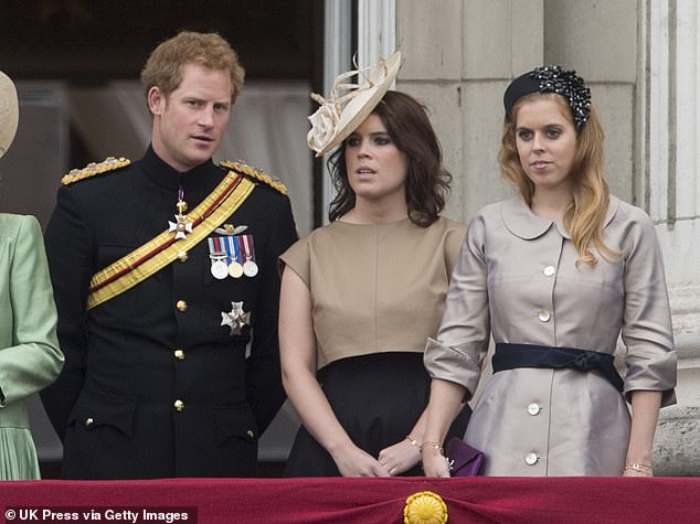 A royal expert has suggested Prince Harry (left) will likely have a 'lot of sympathy' for his cousins, Princess Eugenie (centre) and Princess Beatrice (right), in light of their disgraced father's ongoing scandal