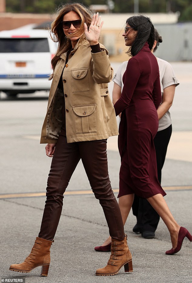 Melania's jacket appeared to be designed by Blazé Milano, featuring various pockets of different sizes and tortoise-shell button detailing