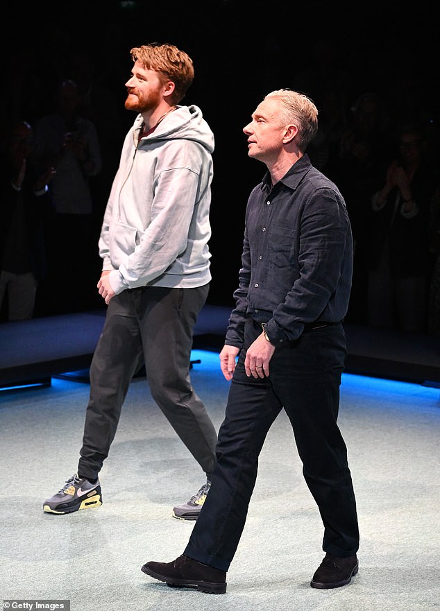 Jack and Martin onstage during the curtain call on the press night of The Fifth Step at Soho Place Theatre in May