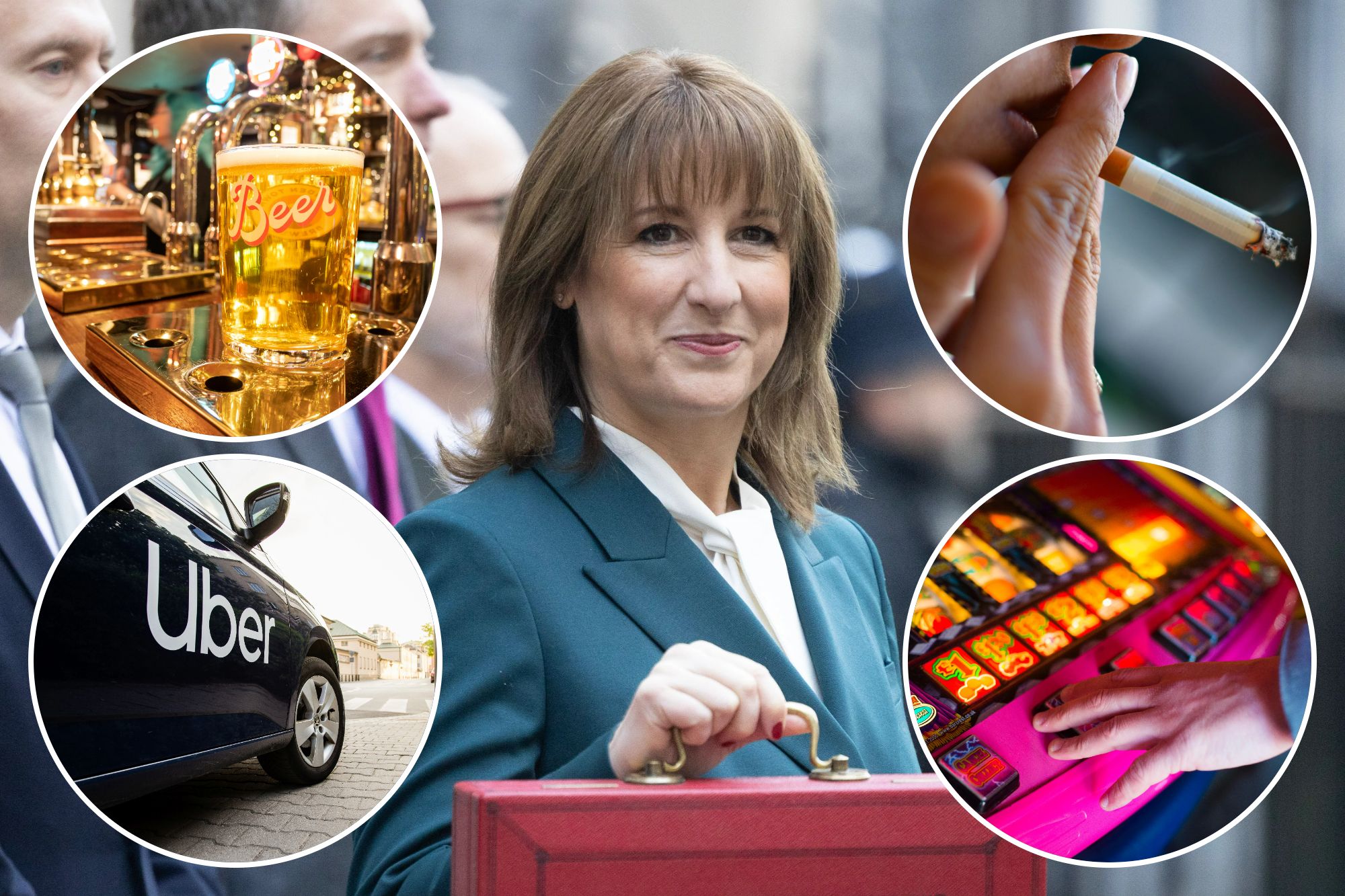 An image collage containing 5 images, Image 1 shows Rachel Reeves holding the red Budget Box, Image 2 shows Pint of lager on a pub bar, Image 3 shows A person inhaling from a lit cigarette, with smoke curling from the tip, Image 4 shows A black Skoda car with the Uber logo on its side is parked on a street with a cyclist in the background, Image 5 shows Man's hand pressing a button on a fruit machine