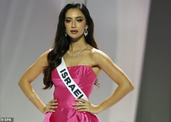 Miss Israel has denied giving Miss Palestine hostile looks at a Miss Universe event in Thailand. Pictured: Miss Israel Melanie Shiraz on stage during the official Miss Universe 2025 welcome event in Bangkok, Thailand