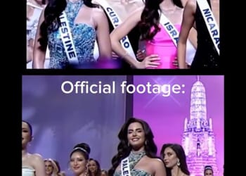 Miss Israel Melanie Shiraz posted on social media 'edited' footage, which showed her glaring at Miss Palestine, alongside 'official' footage, which showed her diverting her gaze elsewhere